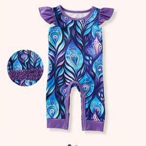 Purple and Blue Peacock Print Kids One Piece